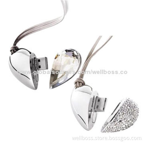 Jewelry Heart-shaped USB with Necklace and Crystal, 1-32GB Gift USB Factory Price for Promotion